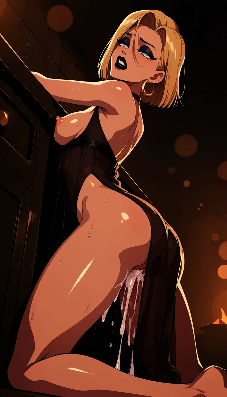 masterpiece, best quality, score_7, newest, highres, absurdres, anime coloring, Android 18, Raven (dc), morning sunshine, kitchen, Disneys princess jasmine (Aladdin), black eyeshadow, revealing_clothes, black see-through_clothes, breasts_out, cum inside, half-closed_eyes, pussy_juice, dutch_angle, leg lifted, smaller breasts, facing_viewer, heavy_breathing orgasm, no underwear, raven (dc), black lipstick, kneeling deepthroat fellatio 1, glossy shiny skin, wet highlights, (dim warm lighting:1.2), dramatic rim light, deep shadows, dark bokeh background, sensual mood