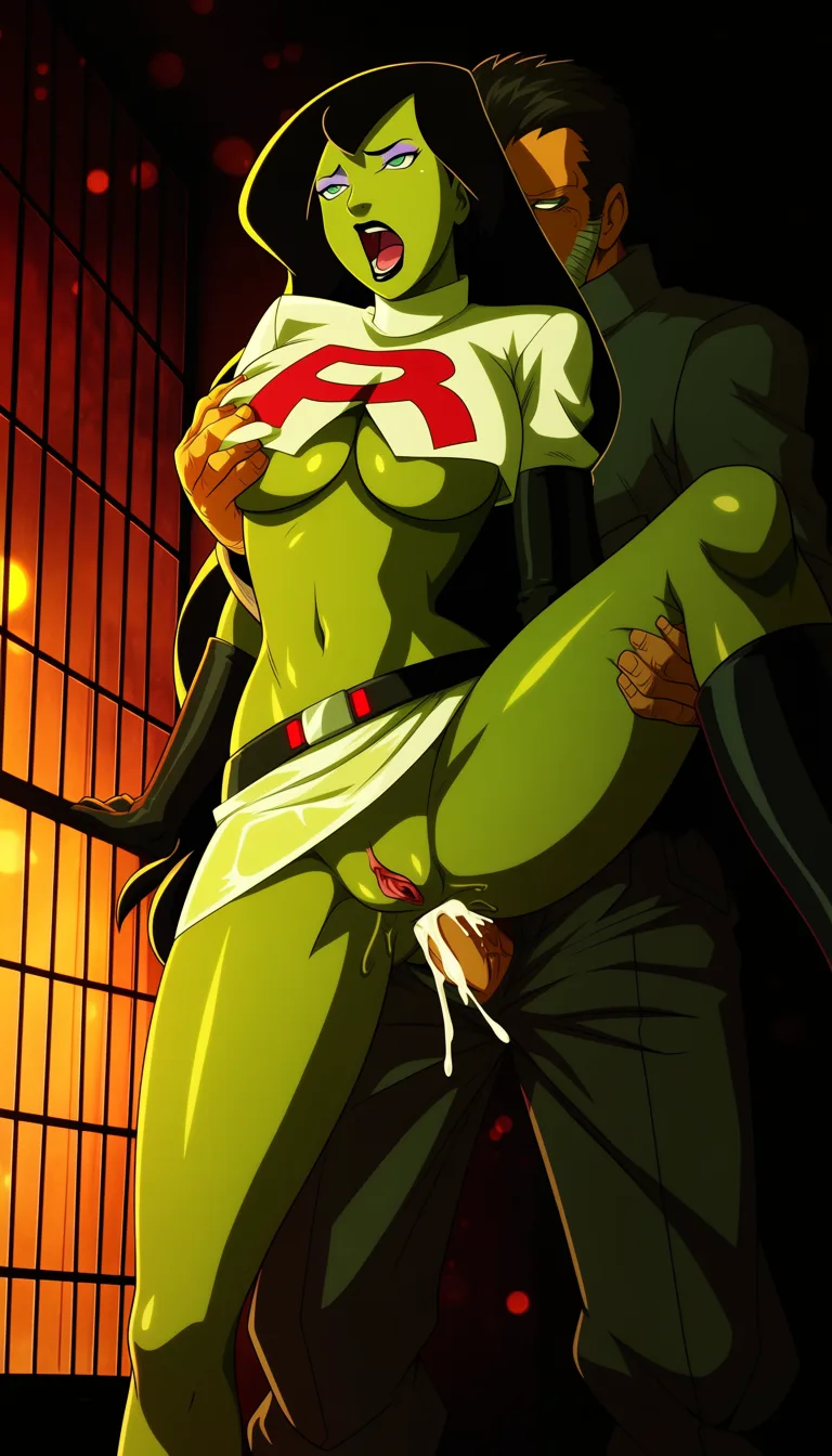 masterpiece, best quality, score_7, newest, highres, absurdres, anime coloring, Green skin Shego (Kim Possible) bright lights, fucked from behind by uzumaki Naruto, cum inside, alternate_costume, see-through_clothes, revealing_clothes, white team rocket uniform, breasts_out, dutch_angle, grabbing_from_behind, leg lifted in jail cell, moaning, anal, both breasts grabbed, kissing neck, miniskirt, no underwear, doggystyle arched_back, open pussy, purple eyeshadow, black lipstick, tight_clothes 1, glossy shiny skin, wet highlights, (dim warm lighting:1.2), dramatic rim light, deep shadows, dark bokeh background, sensual mood