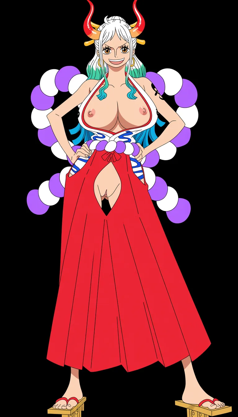 masterpiece, best quality, score_7, newest, anime screenshot, official art, Yamato, (One Piece style:1.9), (full body in frame:1.8), standing, (confident sexy pose:1.6), (black background:1.6), simple shadows, long white hair with turquoise and light-blue tips, two red curved oni horns, bright smile, long legs, white sleeveless Japanese-style top with a red neckline and the chest area completely cutout to let the full naked breasts and nipples out, (naked breasts and nipples fully visible and exposed:1.5), (long red hakama skirt with big crotch cutout fully exposing vagina:1.5), naked pussy fully visible and exposed through crotch cutout, purple rope belt around the waist, traditional wooden sandals, (flat color:1.3), hard cel shading, thin crisp lineart, high key daylight, vivid primary palette, bright clean background
