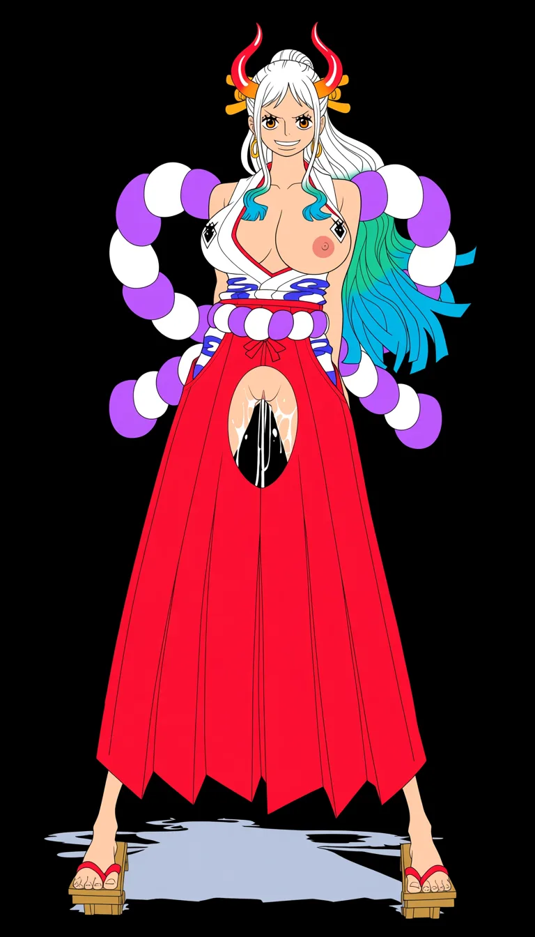 masterpiece, best quality, score_7, newest, anime screenshot, official art, Yamato, (One Piece style:1.7), (full body in frame:1.9), standing, (confident sexy pose:1.7), (black background:1.8), (simple shadows:1.7), long white hair with turquoise and light-blue tips, two red curved oni horns, bright white smile, long legs, white sleeveless Japanese-style top with a red neckline and the chest area completely cutout to let the full naked breasts and nipples out, (naked breasts and nipples fully visible and exposed:1.5), (long red hakama skirt with big crotch cutout fully exposing vagina:1.6), naked pussy fully visible and exposed through crotch cutout, purple rope belt around the waist, traditional wooden sandals, massive amount of sperm dripping from pussy, (flat color:1.3), hard cel shading, thin crisp lineart, high key daylight, vivid primary palette, bright clean background