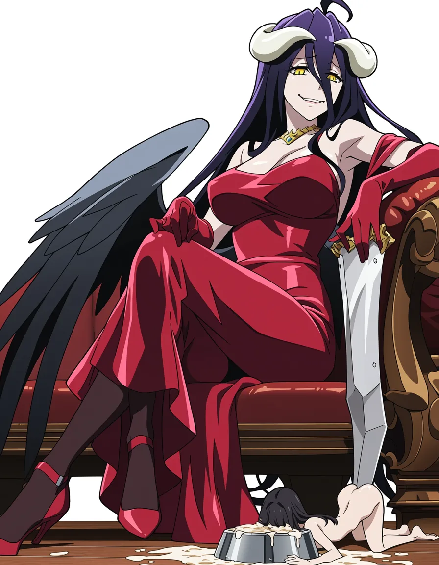 masterpiece, best quality, score_7, newest, anime screenshot, official art, masterpiece, best quality, Albedo from Overlord, tight shiny red dress, large breasts, lying on a wooden platform, dominant expression, a small naked person on the floor below her eating from a metal dog bowl, highly submissive, elegant room, detailed, anime style, hentai, extreme femdom pet play, (flat color:1.3), hard cel shading, thin crisp lineart, high key daylight, vivid primary palette, bright clean background