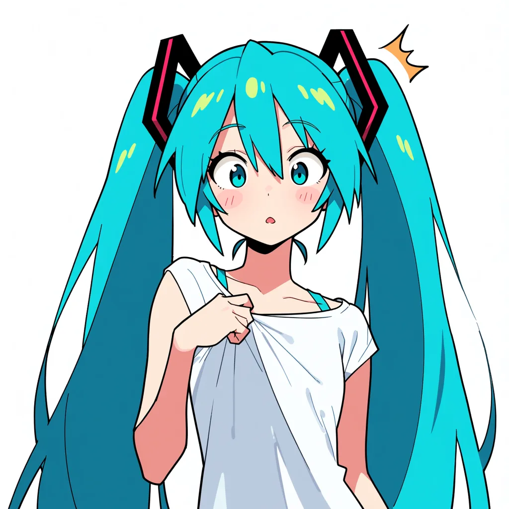 masterpiece, best quality, score_7, newest, anime screenshot, official art, 1girl, hatsune miku genderswap, bedroom, before_and_after, clothes_pull, surprised, (flat color:1.3), hard cel shading, thin crisp lineart, high key daylight, vivid primary palette, bright clean background