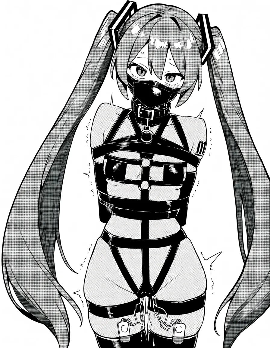 masterpiece, best quality, score_7, newest, manga, monochrome, greyscale, 1girl, hatsune miku bdsm, gagged, vibrator, (monochrome:1.7), (greyscale:1.7), screentone, halftone dots, ink hatching, bold black spotting, white background