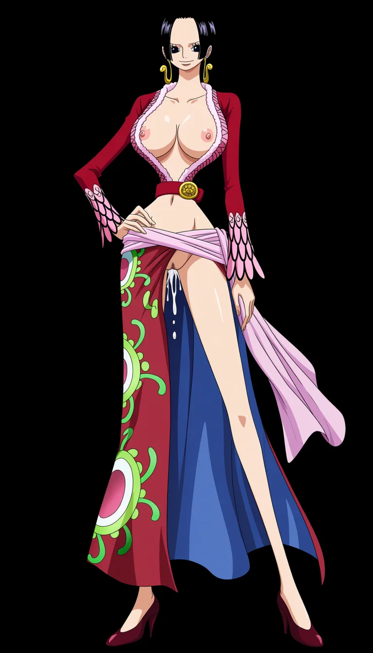 masterpiece, best quality, score_7, newest, anime screenshot, official art, Boa Hancock, (One Piece style:1.5), (full body in frame:1.5), standing, confident sexy pose, gentle expression and smile, (long legs:1.6), (black background:1.6), long straight black hair, one hand on hip, fitted deep-red cropped jacket with gold trim and ornate cuffs, plunging ruffled neckline fully open letting naked breasts fully out, naked breasts and nipples fully out and exposed, red waist belt with a round gold emblem, colorful red-and-green floral patterned floor-length skirt with a high slit in the middle fully exposing naked pussy, naked pussy fully exposed and visible, pale pink sash around the waist, dark red high-heeled shoes, massive amount of sperm dripping from pussy,, (flat color:1.3), hard cel shading, thin crisp lineart, high key daylight, vivid primary palette, bright clean background