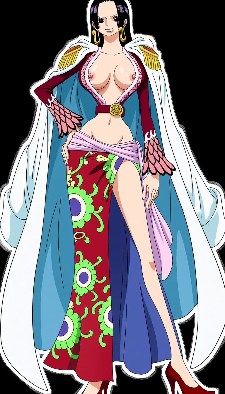 masterpiece, best quality, score_7, newest, anime screenshot, official art, Boa Hancock, (One Piece style:1.5), (full body in frame:1.5), standing, confident sexy pose, gentle expression and smile, (long legs:1.6), (black background:1.6), (long straight black hair:1.5), one hand on hip, fitted deep-red cropped jacket with gold trim and ornate cuffs, plunging ruffled neckline fully open letting naked breasts fully out, naked breasts and nipples fully out and exposed, red waist belt with a round gold emblem, colorful red-and-green floral patterned floor-length skirt with a high slit in the middle fully exposing naked pussy, naked pussy fully exposed and visible, pale pink sash around the waist, dark red high-heeled shoes, massive amount of sperm dripping from pussy, (flat color:1.3), hard cel shading, thin crisp lineart, high key daylight, vivid primary palette, bright clean background