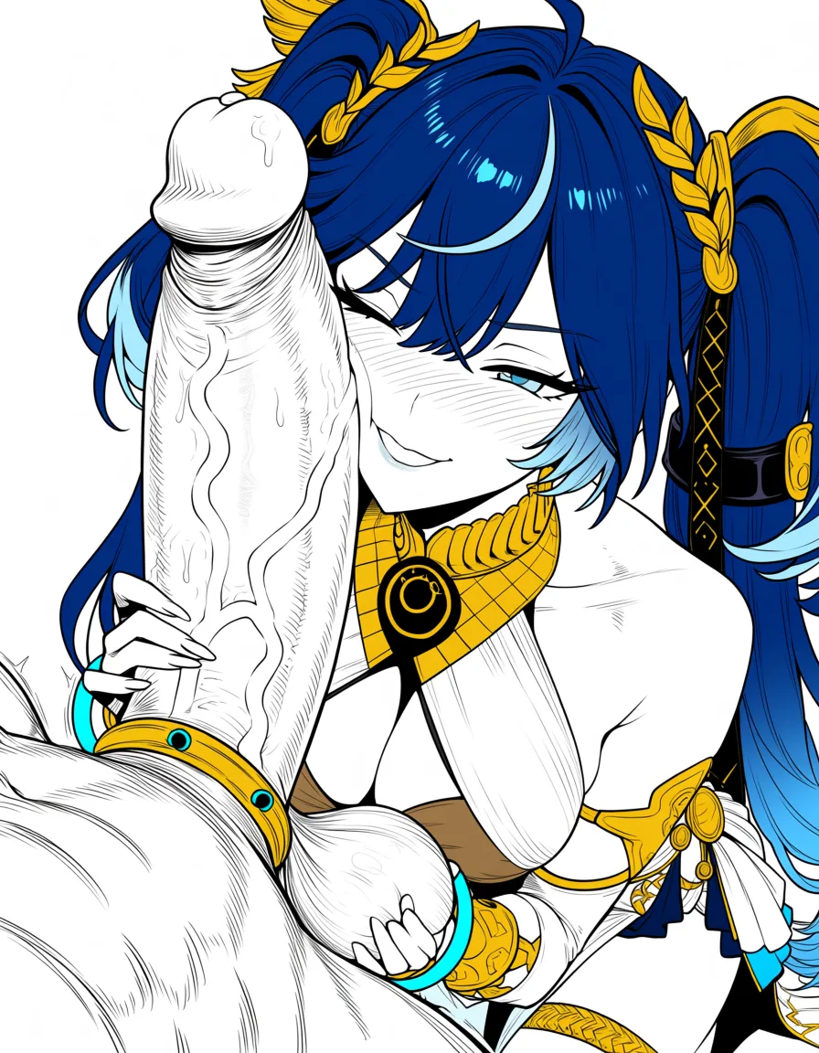 masterpiece, best quality, score_7, newest, anime screenshot, official art, 1girl, 1man, Wuthering_waves, iuno, kneeling , full body, caressing glans , penis on face, detailed body, fit body, enormous giant penis, bbc, giant testicles, cock ring, urethral penis plug, half closed eyes, orgasm denial, detailed lips, (femdom), veiny penis, twitching penis, saliva drip, seductive smirk, (flat color:1.3), hard cel shading, thin crisp lineart, high key daylight, vivid primary palette, bright clean background