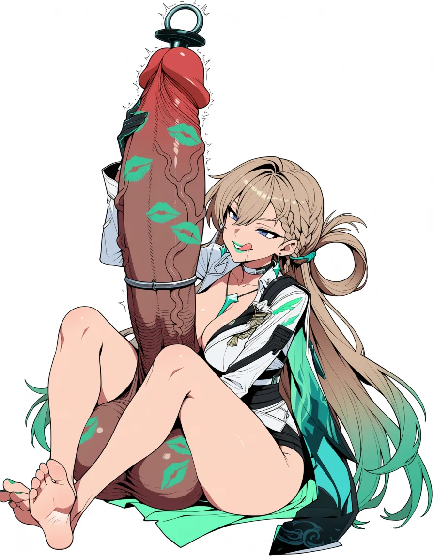 masterpiece, best quality, score_7, newest, anime screenshot, official art, 1girl, 1man, Wuthering_waves, lynae, side view, full body, green lipstick mark on penis, handjob , on_stomach , feet up, detailed soles, detailed body, fit body, enormous giant penis, giant testicles, cock ring, urethral penis plug, naughty_face , orgasm denial, detailed lips, (femdom), veiny penis, twitching penis, saliva drip, licking own lips, (flat color:1.3), hard cel shading, thin crisp lineart, high key daylight, vivid primary palette, bright clean background