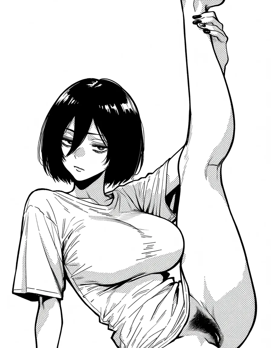 masterpiece, best quality, score_7, newest, manga, monochrome, greyscale, leg_lift , mikasa ackerman  , naked_shirt ,large_breasts, black_nails , barefoot, pussy_juice ,, (monochrome:1.7), (greyscale:1.7), screentone, halftone dots, ink hatching, bold black spotting, white background