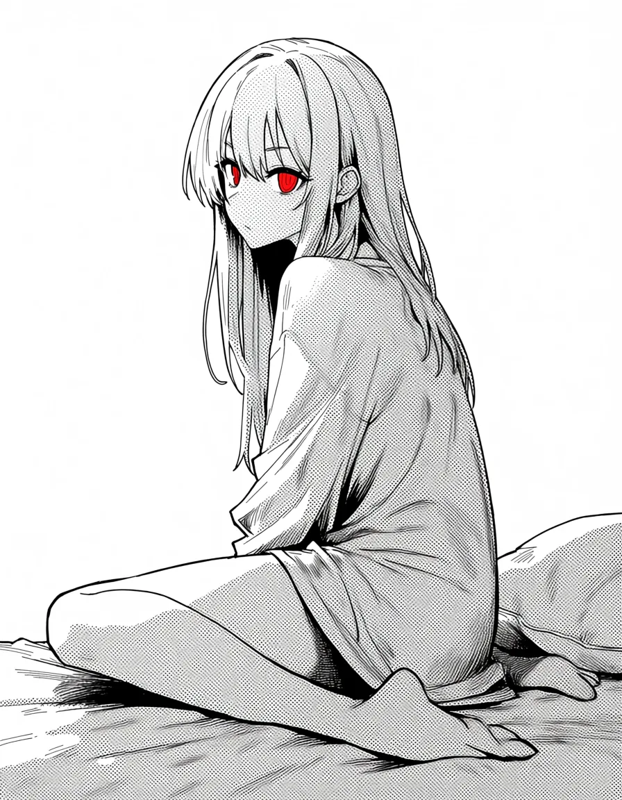 masterpiece, best quality, score_7, newest, manga, monochrome, greyscale, silver hair, red eyes, oversized shirt, sitting on the end of the bed, morning light, (monochrome:1.7), (greyscale:1.7), screentone, halftone dots, ink hatching, bold black spotting, white background