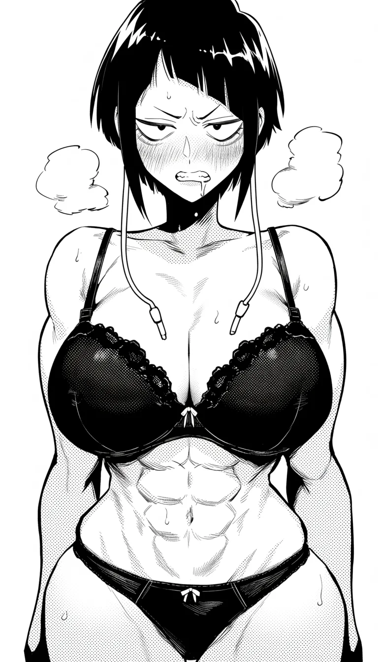 masterpiece, best quality, score_7, newest, manga, monochrome, greyscale, jirou kyouka, blush, embarrased, solo, looking at viewer,  black cute bra, in a locker room Actions: Undressing Positions: Standing Angle: Side Face details: Pout , muscles expansion, big lips, big muscles,huge breasts, Physicpe Muscular, wide hips,detailed, colored, erect nipples, breathing heavily, Emotions: anger, clenched teeth, saliva flowing from the mouth, (monochrome:1.7), (greyscale:1.7), screentone, halftone dots, ink hatching, bold black spotting, white background