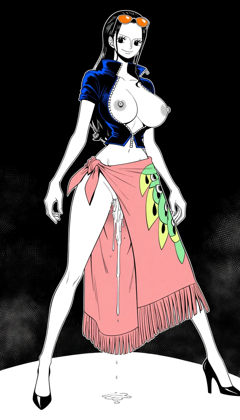 masterpiece, best quality, score_7, newest, manga, monochrome, greyscale, Nico Robin, (One Piece style:1.7), full_body in frame, beautiful smile, standing, sexy pose, front view, (black background:1.7), a long coral-pink/salmon wrap skirt or sarong tied around her waist with a decorative green and yellow floral patterns along one side and a fringed/tassel-like hem, the edge of the wrap skirt opening is turned up and held in place by a small pin to fully expose her naked pussy dripping with sperm, a fitted dark-blue short-sleeved jacket with a high collar and the sleeves slightly rolled at the edges fully letting the breasts out, naked breasts and nipples fully out of jacket, naked pussy exposed through front opening, orange tinted sunglasses on top of head, Red-coral high-heeled pumps with pointed toes, massive amount of sperm dripping from pussy, (monochrome:1.7), (greyscale:1.7), screentone, halftone dots, ink hatching, bold black spotting, white background