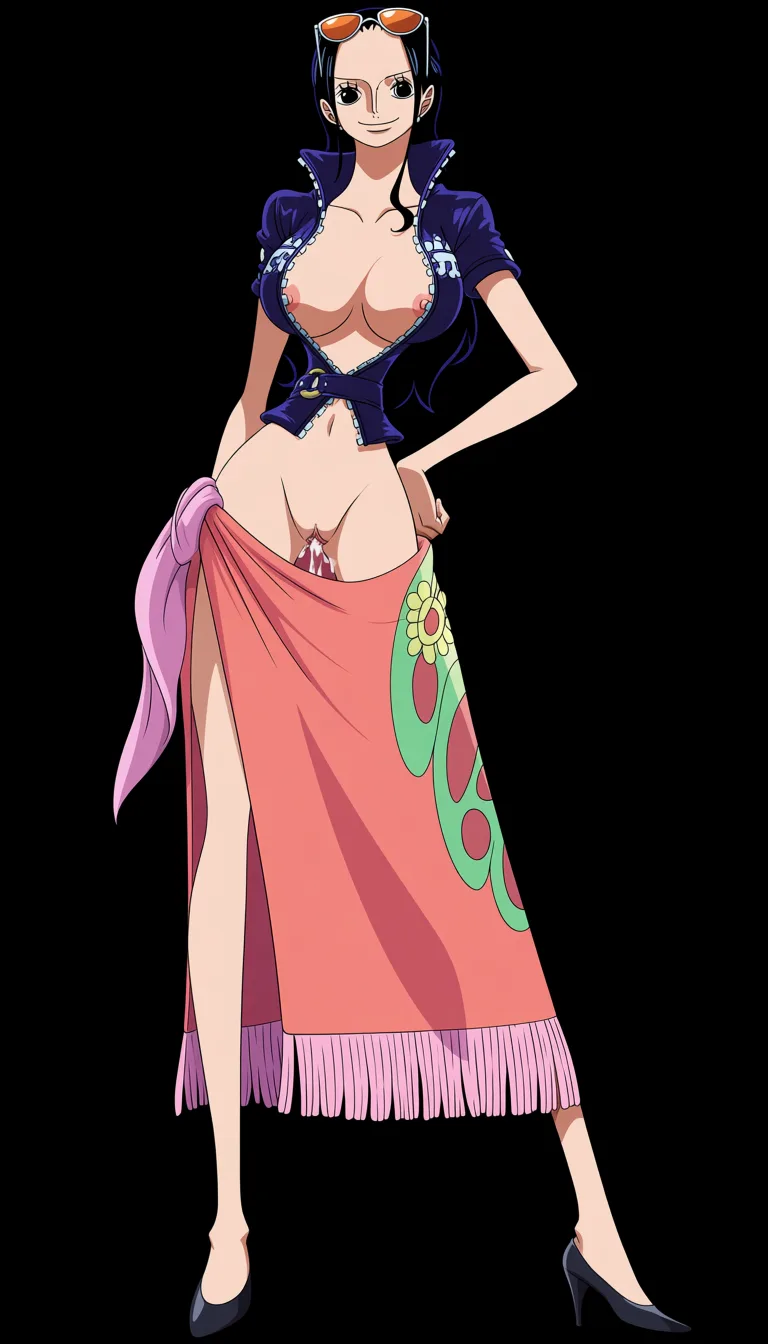 masterpiece, best quality, score_7, newest, anime screenshot, official art, Nico Robin, (One Piece style:1.7), full_body in frame, beautiful smile, standing, sexy pose, front view, soft lighting, (black background:1.7), a long coral-pink/salmon wrap skirt or sarong tied around her waist with a decorative green and yellow floral patterns along one side and a fringed/tassel-like hem, the middle of the wrap skirt opening is turned up and held in place by a small pin to fully expose her naked pussy dripping with sperm, a fitted dark-blue short-sleeved jacket with a high collar and the sleeves slightly rolled at the edges fully letting the breasts out, naked breasts and nipples fully out of jacket, naked pussy exposed through front opening, orange tinted sunglasses on top of head, Red-coral high-heeled pumps with pointed toes, massive amount of sperm dripping from pussy, (flat color:1.3), hard cel shading, thin crisp lineart, high key daylight, vivid primary palette, bright clean background