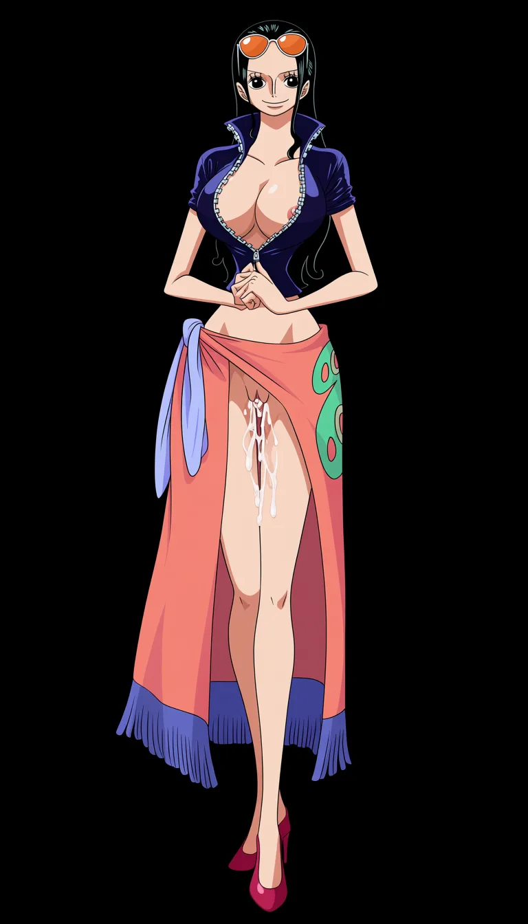 masterpiece, best quality, score_7, newest, anime screenshot, official art, Nico Robin, (One Piece style:1.7), full body in frame, beautiful smile, standing, sexy pose, front view, soft lighting, (black background:1.7), a long coral-pink/salmon wrap skirt or sarong tied around her waist and a fringed/tassel-like hem while the opening is hooked upwards with a pin to reveal her full crotch and her naked pussy dripping with sperm, a fitted dark-blue short-sleeved jacket with a high collar and the sleeves slightly rolled at the edges fully letting the breasts out, naked breasts and nipples fully out of jacket, naked pussy exposed through front opening, orange tinted sunglasses on top of head, Red-coral high-heeled pumps with pointed toes, massive amount of sperm dripping from pussy, (flat color:1.3), hard cel shading, thin crisp lineart, high key daylight, vivid primary palette, bright clean background