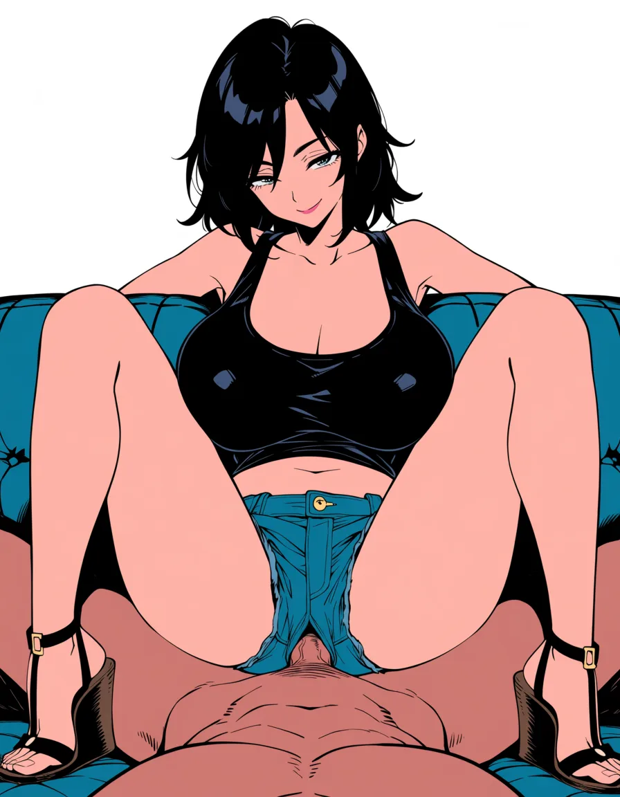 masterpiece, best quality, score_7, newest, anime screenshot, official art, Curvy housewife with black hair with saggy breasts wearing low cut black tank top and shorts and wedge strap high heel sandals, seductive smile, sitting on couch with spread_legs having missionary sex with a man, (flat color:1.3), hard cel shading, thin crisp lineart, high key daylight, vivid primary palette, bright clean background