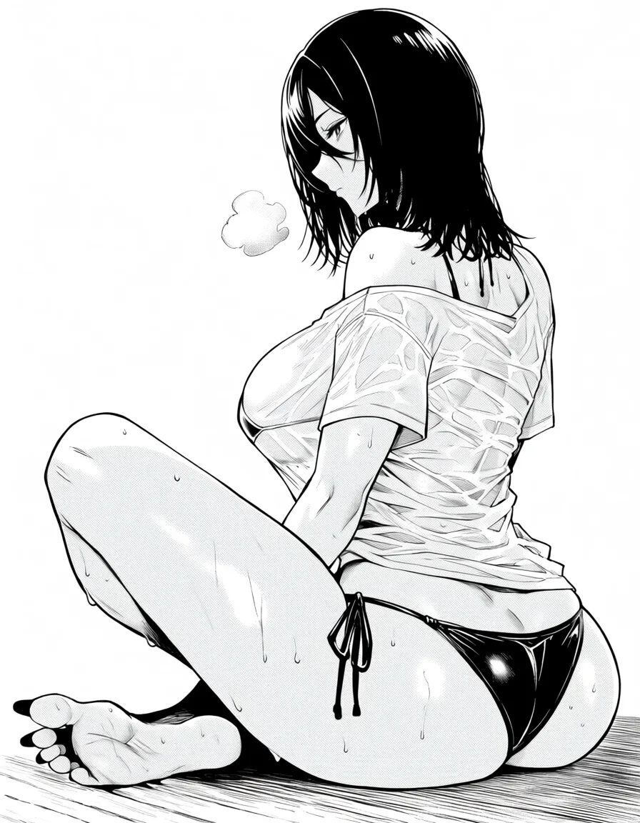 masterpiece, best quality, score_7, newest, manga, monochrome, greyscale, 1girl, mikasa ackerman , barefoot , bikini , huge_breasts , from_side , standing_on_one_leg , sitting , black_nails , naked_shirt , wet , foot_focus ,, (monochrome:1.7), (greyscale:1.7), screentone, halftone dots, ink hatching, bold black spotting, white background