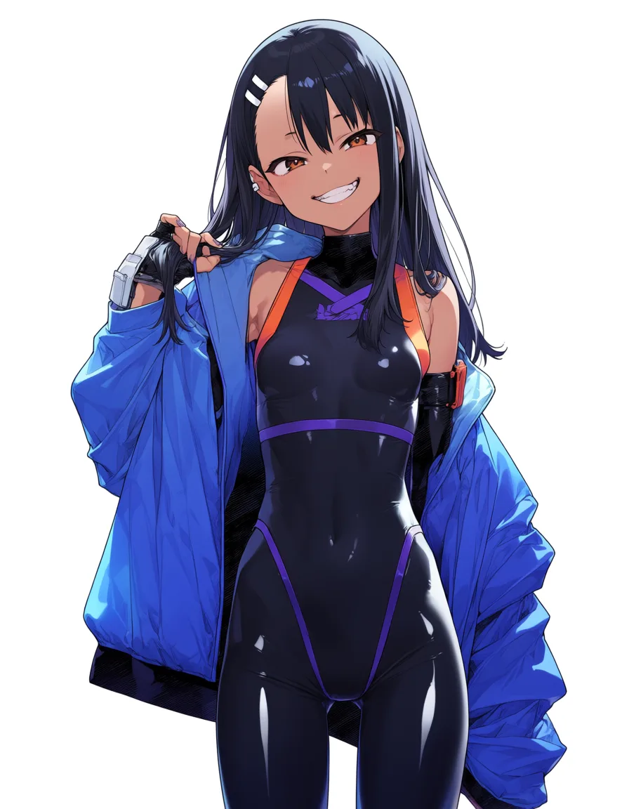 masterpiece, best quality, score_7, newest, anime screenshot, official art, 1girl, nagatoro hayase latex, smirk,, (flat color:1.3), hard cel shading, thin crisp lineart, high key daylight, vivid primary palette, bright clean background