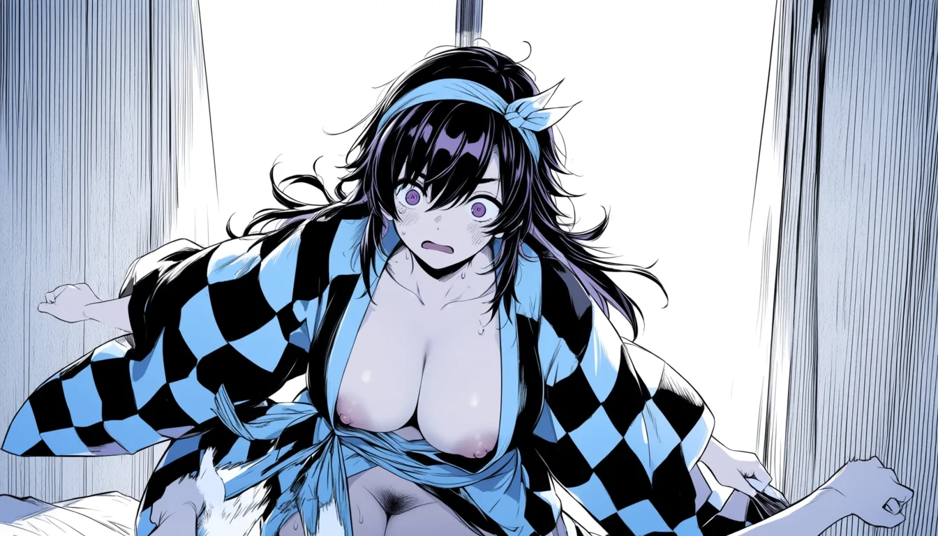 masterpiece, best quality, score_7, newest, anime screenshot, official art, 1girl, genderswap, bedroom, before_and_after, clothes_pull, surprised, pubic_hair , clitoris kamado tanjirou, (flat color:1.3), hard cel shading, thin crisp lineart, high key daylight, vivid primary palette, bright clean background
