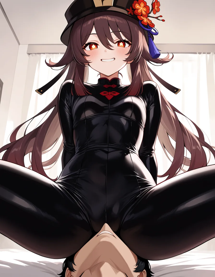 masterpiece, best quality, score_7, newest, anime screenshot, official art, 1girl, 1boy, hu tao (genshin impact), Latex skinsuit, sitting on face, smile, bedroom,, indoors, (flat color:1.3), hard cel shading, thin crisp lineart, high key daylight, vivid primary palette, bright clean background