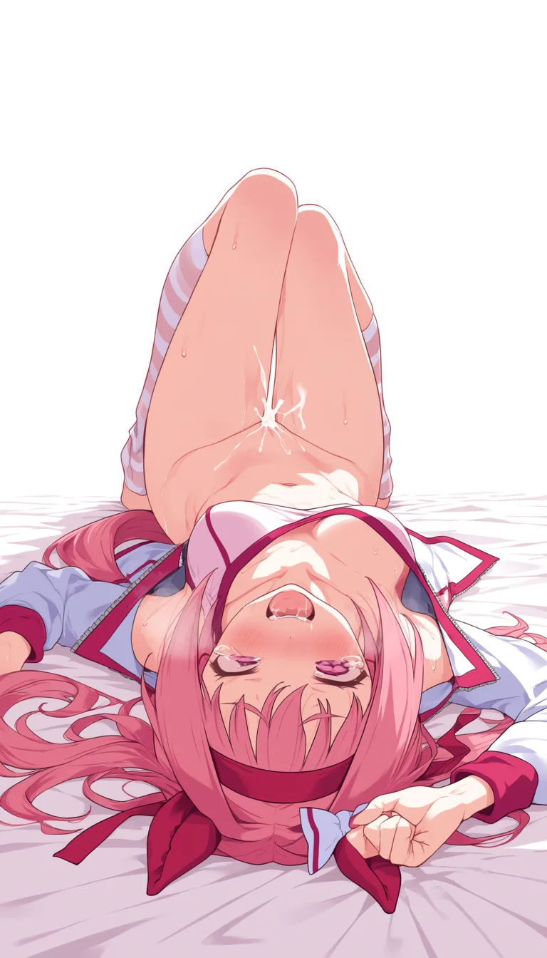 masterpiece, best quality, score_7, newest, anime screenshot, official art, 1girl, Haru Urara lying in a bed in a missionary pose with legs up, large_breasts, pov_crotch, full_body, dick deep in pussy, tearing_up, cum_in_mouth, sex in pussy white_background, haru urara (umamusume), (flat color:1.3), hard cel shading, thin crisp lineart, high key daylight, vivid primary palette, bright clean background
