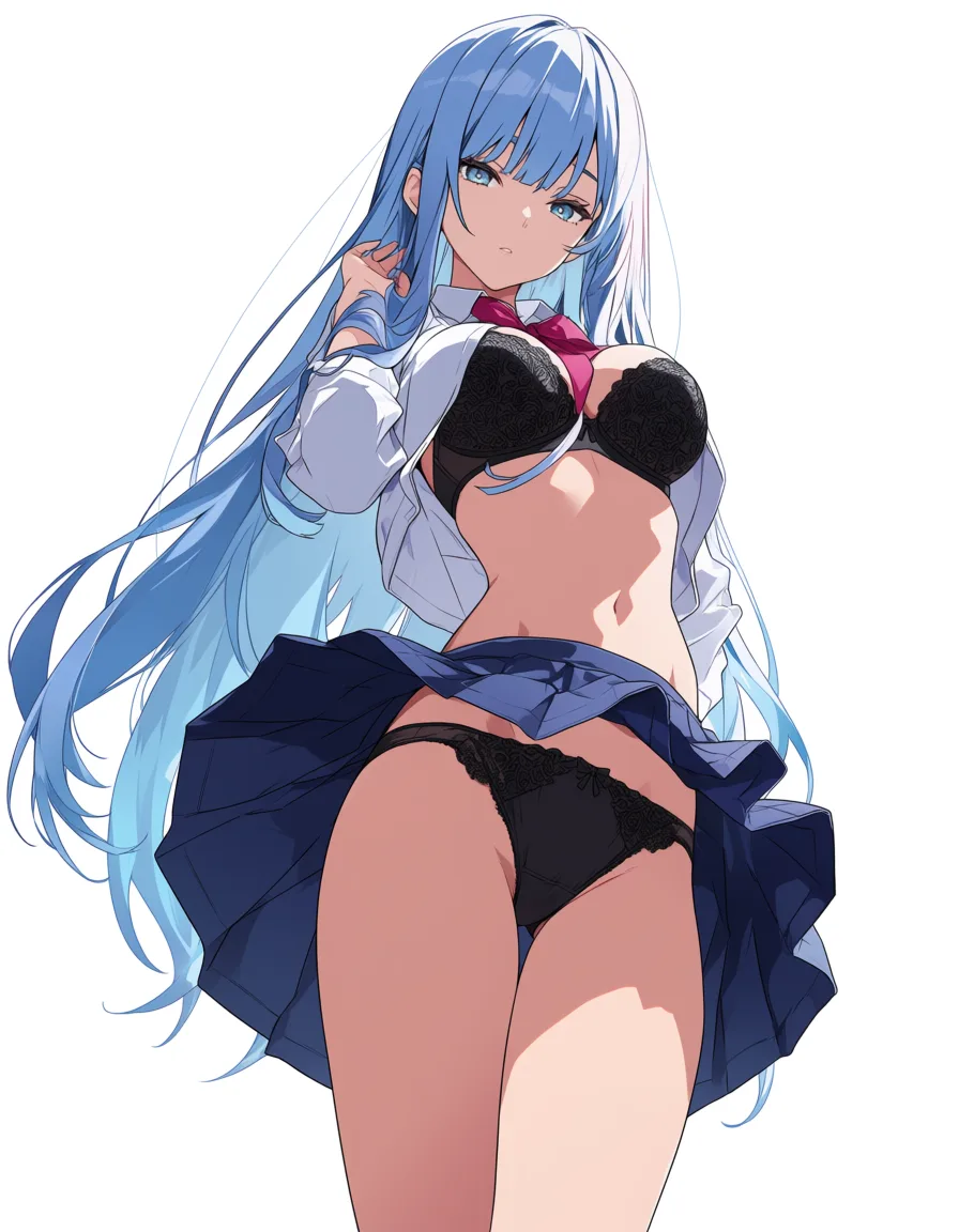 masterpiece, best quality, score_7, newest, anime screenshot, official art, Girl, School uniform, black panties, black bra,vin the bus, upskirt, Cock on panties, (flat color:1.3), hard cel shading, thin crisp lineart, high key daylight, vivid primary palette, bright clean background