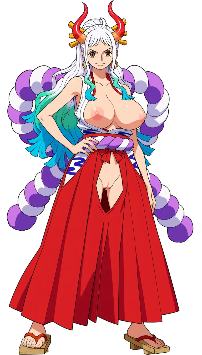 masterpiece, best quality, score_7, newest, anime screenshot, official art, Yamato, (One Piece style:1.6), (full body in frame:1.8), standing, (confident sexy pose:1.8), (black background:1.8), (simple shadows on body and clothes:1.5), long white hair with turquoise and light-blue tips, two red curved oni horns, (bright white smile:1.6), (long legs:1.7), one hand on hip, (white sleeveless Japanese-style top with a red neckline and the chest area completely cutout to let the full naked breasts and nipples out:1.7), (naked breasts and nipples fully visible and exposed:1.7), (long red hakama skirt with big crotch cutout fully exposing vagina:1.7), naked pussy fully visible and exposed through crotch cutout, purple rope belt around the waist, traditional wooden sandals, massive amount of sperm dripping from pussy, (flat color:1.3), hard cel shading, thin crisp lineart, high key daylight, vivid primary palette, bright clean background