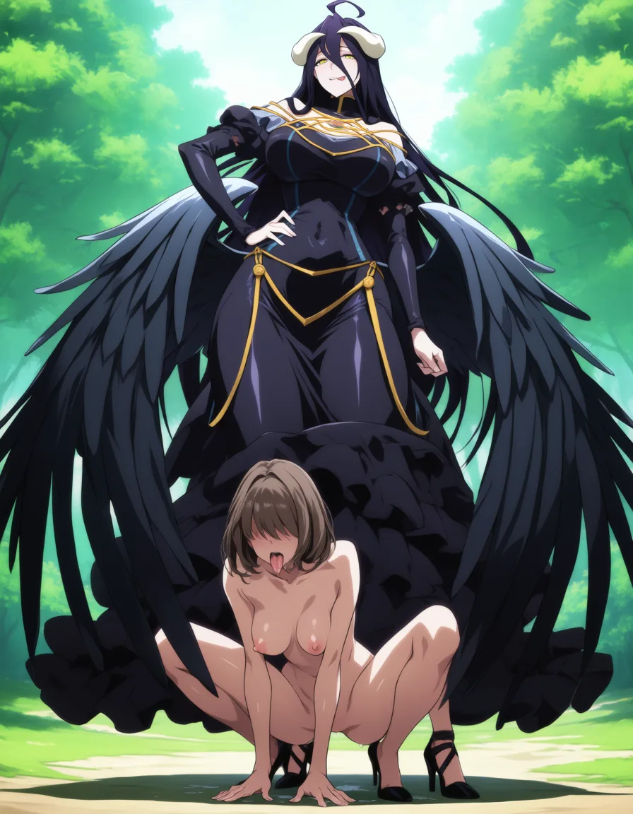 masterpiece, best quality, score_7, newest, anime screenshot, official art, 1girl, masterpiece, best quality, Albedo from Overlord, tight shiny dominant black dress, standing with hand on hip, looking down, another girl with short brown hair and fully naked, squatting on the ground with legs wide open, tongue sticking out, highly submissive and aroused, green forest setting, no text, detailed, anime style, hentai, extreme femdom, albedo (overlord), (flat color:1.3), hard cel shading, thin crisp lineart, high key daylight, vivid primary palette, bright clean background