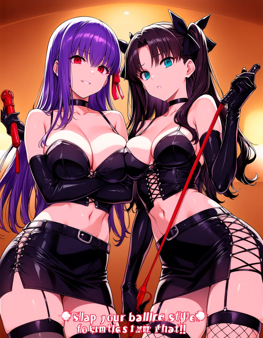 masterpiece, best quality, score_7, newest, anime screenshot, official art, 2girls, Anime style!!!, Sakura Matou from Fate with long purple hair on the left, Rin Tohsaka from Fate with long dark hair and red eyes on the right, both wearing sexy black lingerie with lace-up tops, short skirts, fishnet stockings, long black gloves and chokers, both holding a red whip in one hand, posing side by side looking at the viewer with teasing dominant expressions, text at the bottom " Slap your balls 40 times for us that!!", warm indoor background, erotic femdom atmosphere, matou sakura tohsaka rin, (flat color:1.3), hard cel shading, thin crisp lineart, high key daylight, vivid primary palette, bright clean background