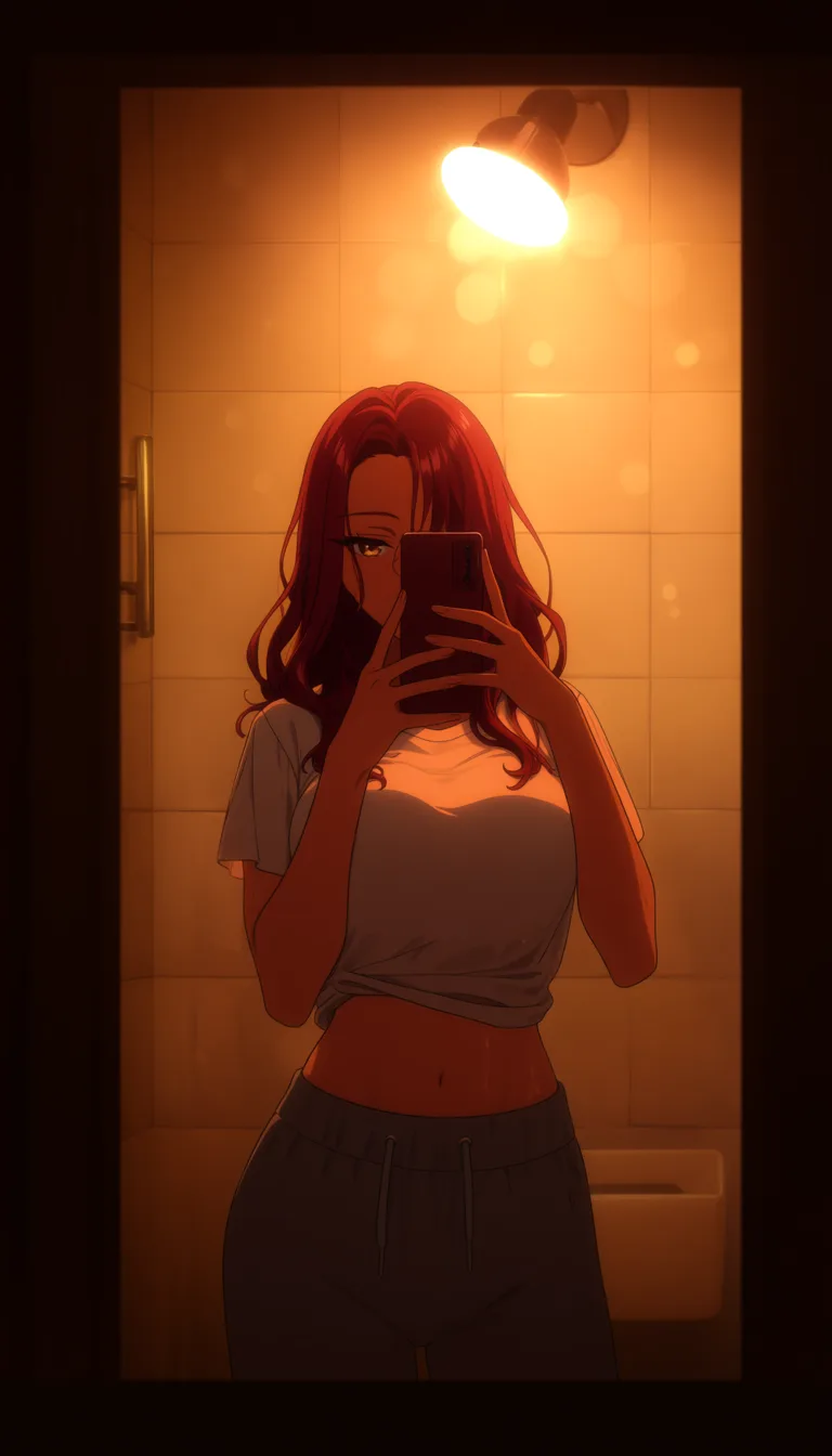 A woman taking a mirror selfie in a bathroom, shirt pulled up over her tits, phone in one hand, tiles and steam around her, warm overhead light