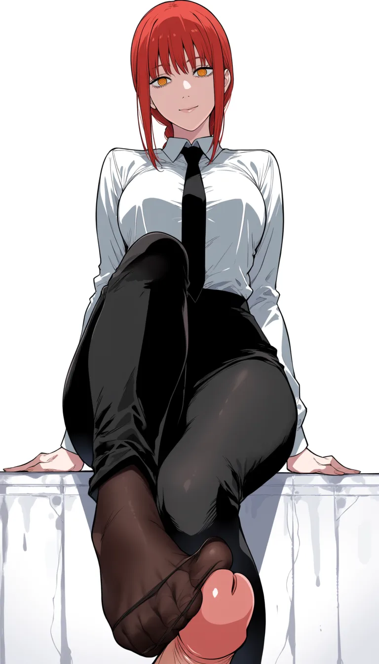 masterpiece, best quality, score_7, newest, anime screenshot, official art, 1girl, makima (chainsaw man),femdom,footjob, (flat color:1.3), hard cel shading, thin crisp lineart, high key daylight, vivid primary palette, bright clean background
