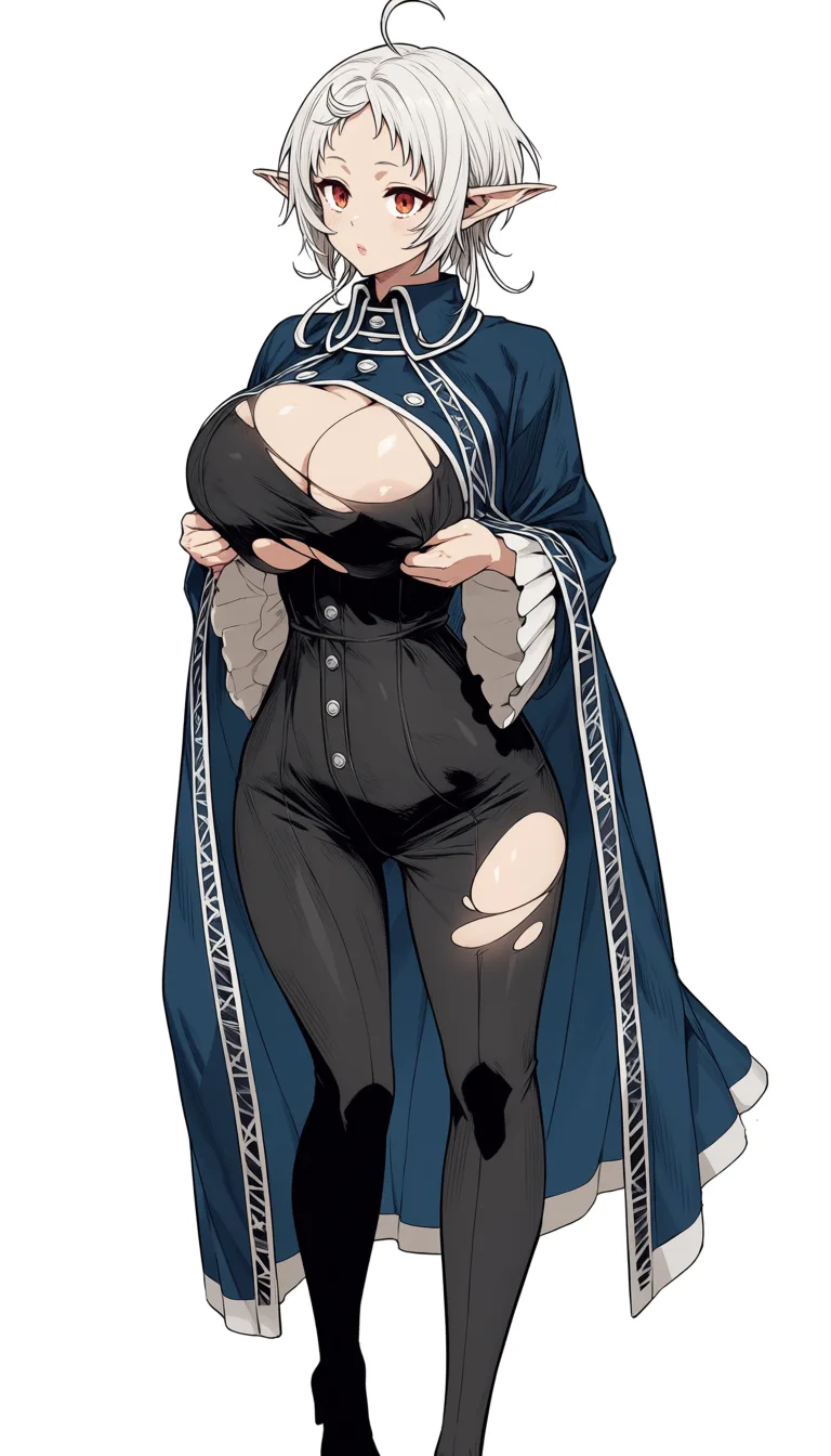 masterpiece, best quality, score_7, newest, anime screenshot, official art, sylphiette (mushoku tensei), big lips, breast expansion, huge breast, ass expansion, wide hips, Details: torn clothes, Emotions: Ahegao, (flat color:1.3), hard cel shading, thin crisp lineart, high key daylight, vivid primary palette, bright clean background