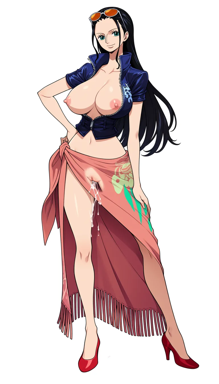 masterpiece, best quality, score_7, newest, anime screenshot, official art, Nico Robin, (One Piece style:1.6), (full body in frame:1.6), beautiful smile, gentle soft expression, standing, sexy pose, one hand on hips, one hand on thigh, front view, simple lighting, (black background:1.8), (a long coral-pink/salmon wrap skirt or sarong tied around her waist and a fringed/tassel-like hem while the opening is hooked upwards to reveal her full crotch and her naked pussy dripping with sperm:1.5), a fitted dark-blue short-sleeved jacket with a high collar and the sleeves slightly rolled at the edges while the chest is completely open to let the full naked breasts out, (naked breasts and nipples fully out of jacket and fully exposed:1.7), naked pussy exposed through front opening, orange tinted sunglasses on top of head, red-coral high-heeled pumps with pointed toes, big amount of sperm dripping from pussy, (flat color:1.3), hard cel shading, thin crisp lineart, high key daylight, vivid primary palette, bright clean background