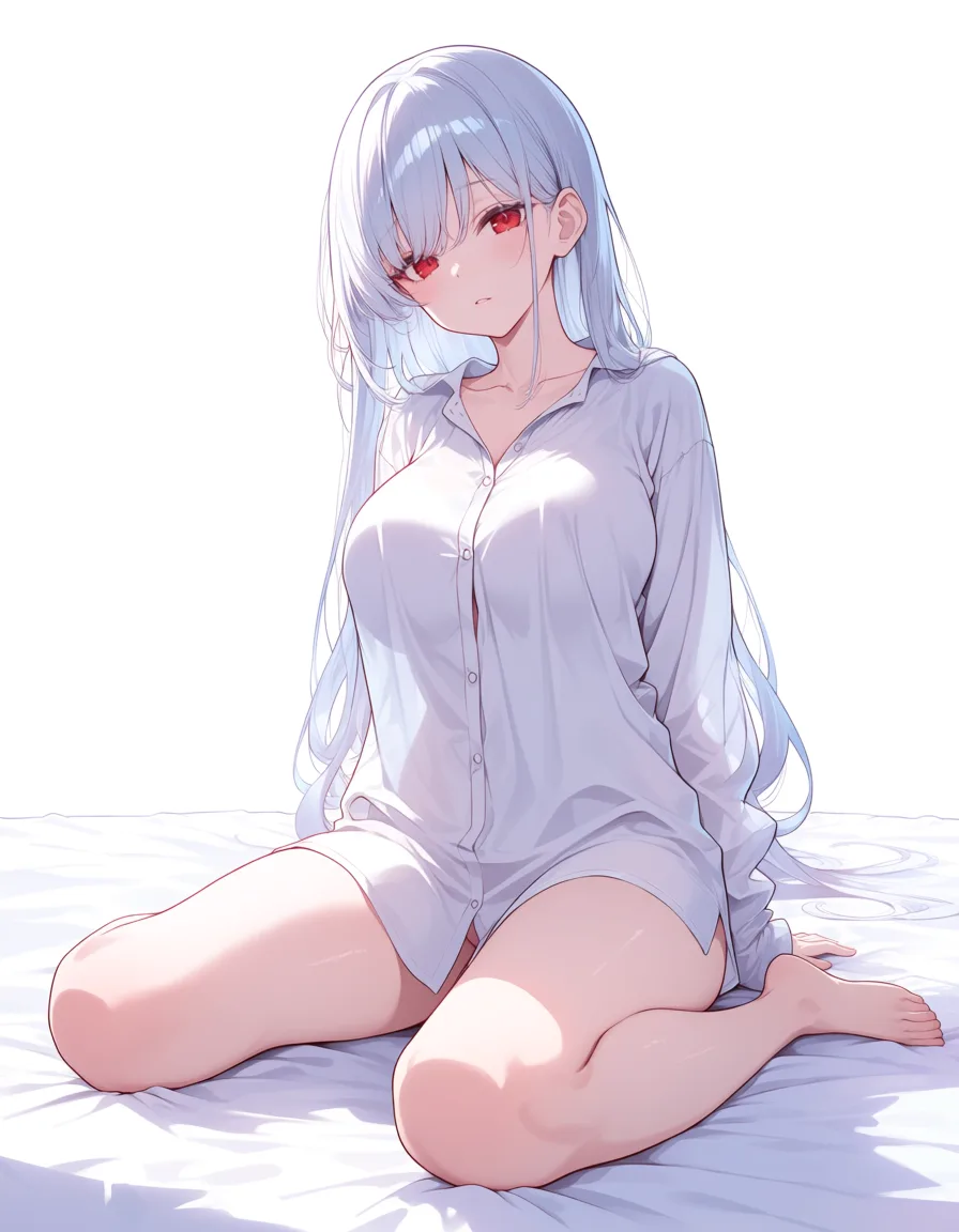 masterpiece, best quality, score_7, newest, anime screenshot, official art, silver hair, red eyes, oversized shirt, sitting on the end of the bed, morning light, (flat color:1.3), hard cel shading, thin crisp lineart, high key daylight, vivid primary palette, bright clean background
