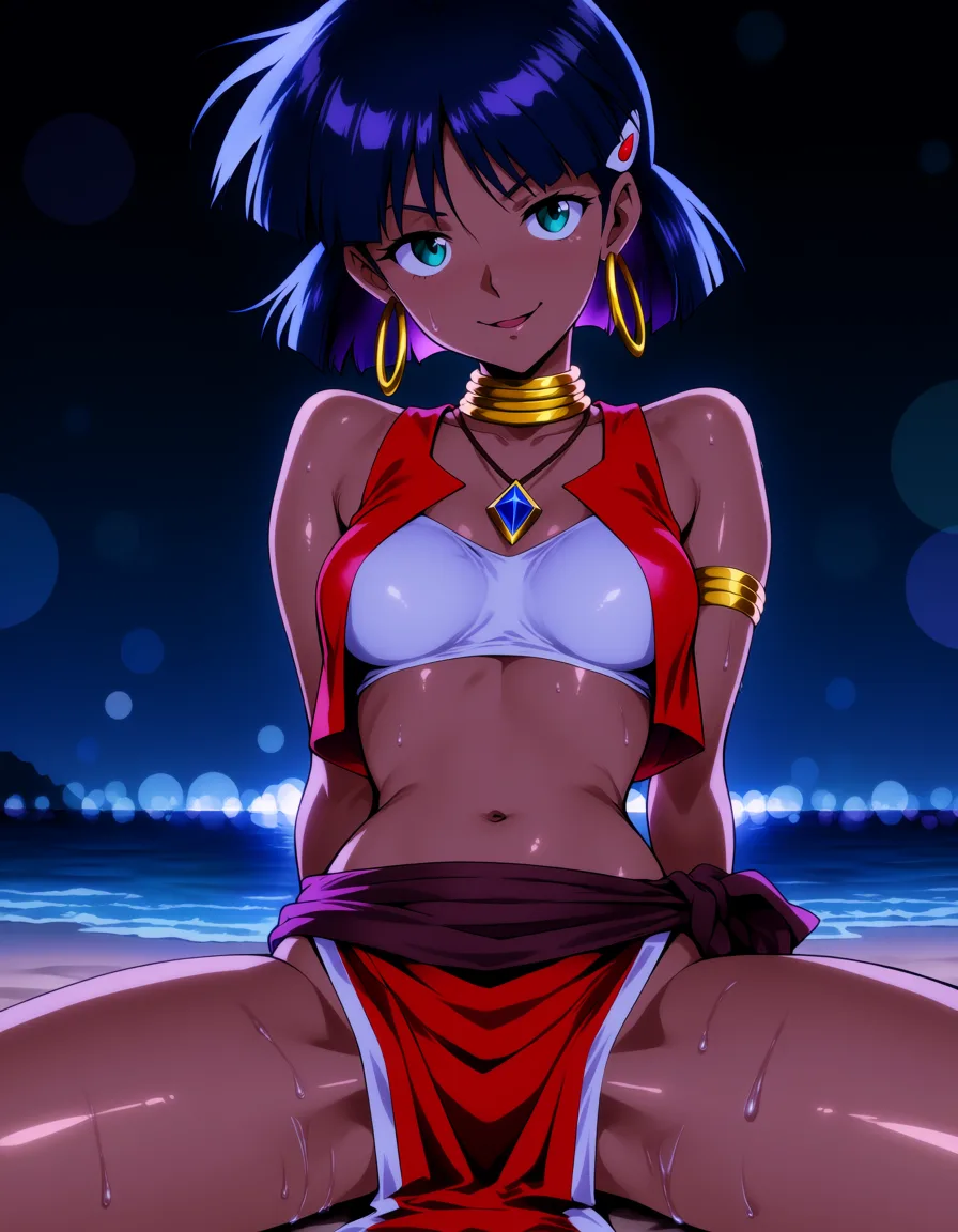 masterpiece, best quality, score_7, newest, highres, absurdres, anime coloring, nadia la arwall, fushigi no umi no nadia fellatio
 absurdres, highres, solo female, bare arms, detached sleeves, spread legs, beach, playful expression, detailed shading, glossy shiny skin, wet highlights, (dim warm lighting:1.2), dramatic rim light, deep shadows, dark bokeh background, sensual mood