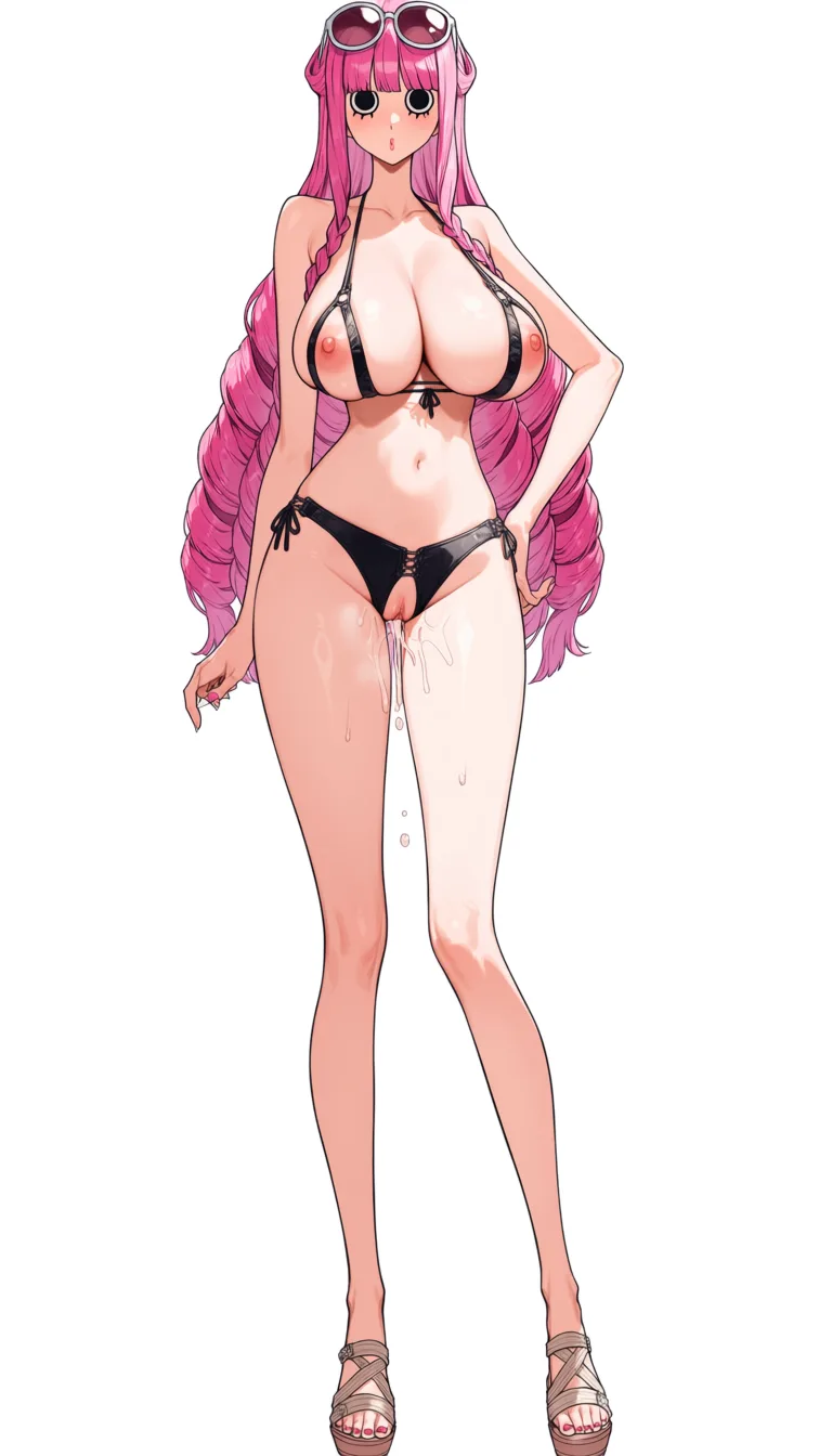 masterpiece, best quality, score_7, newest, anime screenshot, official art, Perona from One Piece, (One Piece style:1.6), full body in frame, standing, cute pouting face, sexy pose, long legs, (black background:1.5), fully naked, black cupless bikini top, naked breasts and nipples fully visible through cup cutout, black crotchless bikini bottom, naked pussy fully visible through crotch cutout, high heel sandals, sunglasses on forehead, massive amount of sperm dripping from pussy, natural nails with no paint,, (flat color:1.3), hard cel shading, thin crisp lineart, high key daylight, vivid primary palette, bright clean background