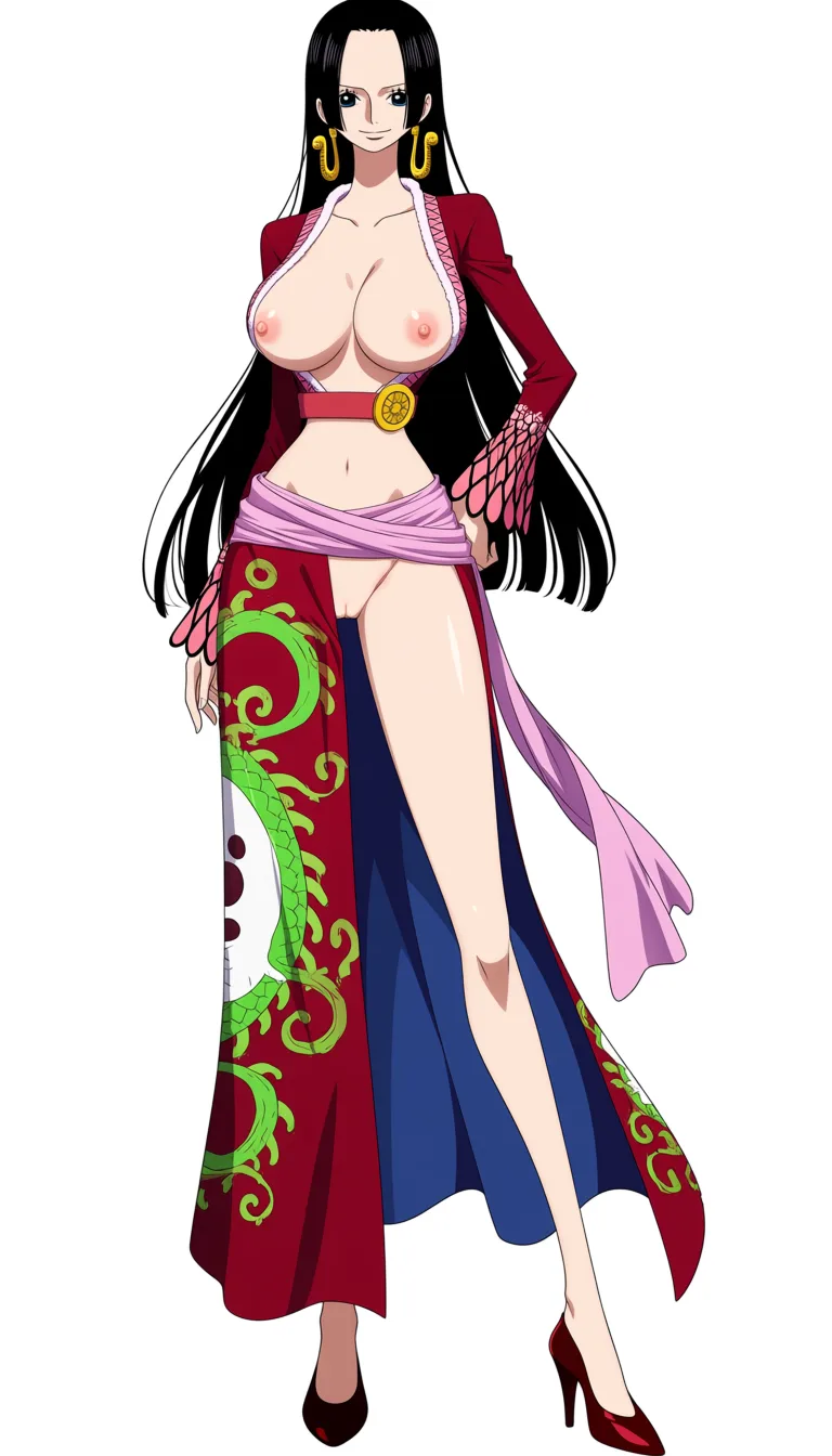 masterpiece, best quality, score_7, newest, anime screenshot, official art, Boa Hancock, (One Piece style:1.7), (full body in frame:1.5), standing, confident sexy pose, gentle expression and smile, simple body shadows, (long legs:1.6), (black background:1.6), (long straight black hair:1.5), (naked:1.6), one hand on hip, naked breasts and nipples fully exposed, naked pussy fully exposed, dark red high-heeled shoes, (flat color:1.3), hard cel shading, thin crisp lineart, high key daylight, vivid primary palette, bright clean background