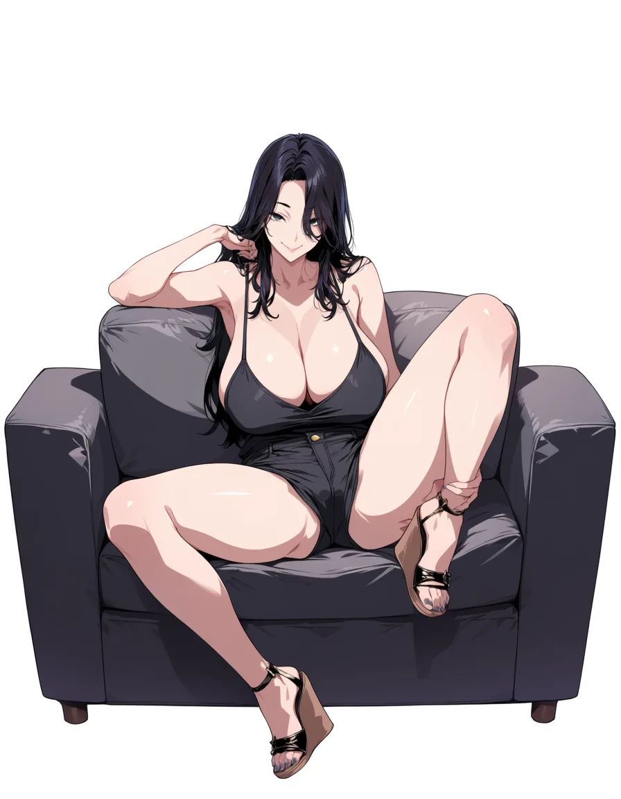 masterpiece, best quality, score_7, newest, anime screenshot, official art, Curvy housewife with black hair with saggy breasts wearing low cut black tank top and shorts and wedge strap high heel sandals, seductive smile, sitting on couch with spread_legs, (flat color:1.3), hard cel shading, thin crisp lineart, high key daylight, vivid primary palette, bright clean background