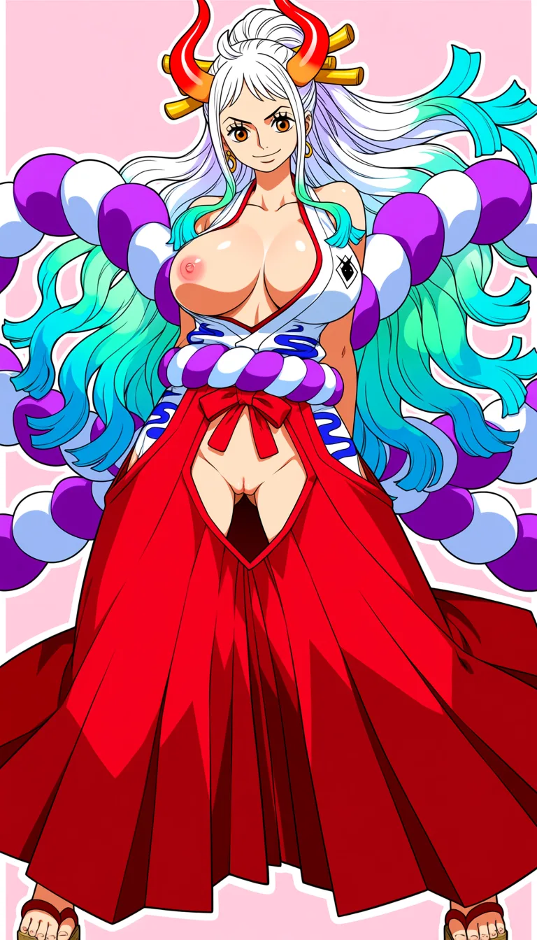 masterpiece, best quality, score_7, newest, anime screenshot, official art, Yamato, (One Piece style:1.9), (full body in frame:1.5), standing, (confident sexy pose:1.5), (black background:1.5), long white hair with turquoise and light-blue tips, two red curved oni horns, gentle gaze and bright smile, long legs, white sleeveless Japanese-style top with a red neckline and the chest area completely cutout to let the full naked breasts and nipples out, (naked breasts and nipples fully visible and exposed:1.5), red hakama skirt with big crotch cutout fully exposing vagina, naked pussy fully visible and exposed through crotch cutout, purple rope belt around the waist, traditional wooden sandals, (flat color:1.3), hard cel shading, thin crisp lineart, high key daylight, vivid primary palette, bright clean background