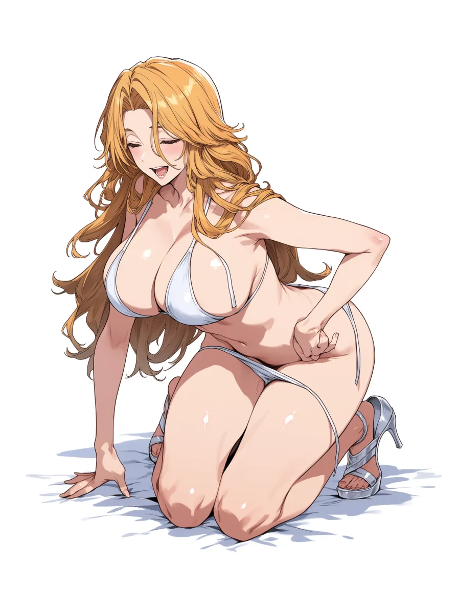 masterpiece, best quality, score_7, newest, anime screenshot, official art, 1girl, matsumoto rangiku wearing white bikini and high heel sandals having sex with and older and fat man, (flat color:1.3), hard cel shading, thin crisp lineart, high key daylight, vivid primary palette, bright clean background
