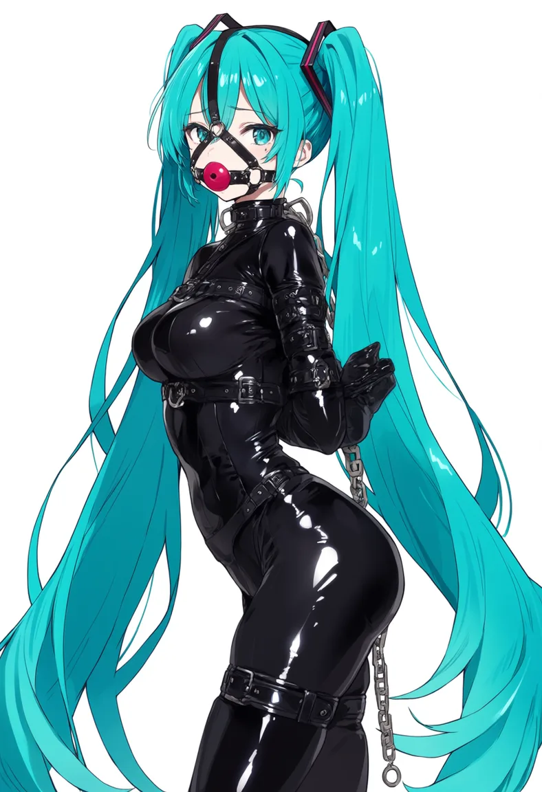 masterpiece, best quality, score_7, newest, anime screenshot, official art, 1girl, bondage, latex skinsuit, gagged 
hatsune miku, (flat color:1.3), hard cel shading, thin crisp lineart, high key daylight, vivid primary palette, bright clean background