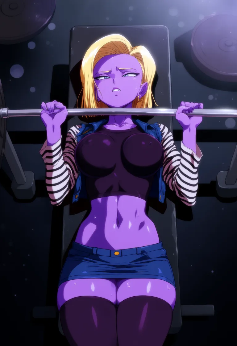 masterpiece, best quality, score_7, newest, highres, absurdres, anime coloring, 1girl, sunlight, purple skin android 18, denim microskirt, black and white striped long sleeve shirt, denim vest, smaller breasts, gym, bench press weights at the the gym, lying on back, bar across chest, top view from above, groaning, breasts pushed forward, facing_viewer, covered gym_shirt, glossy shiny skin, wet highlights, (dim warm lighting:1.2), dramatic rim light, deep shadows, dark bokeh background, sensual mood