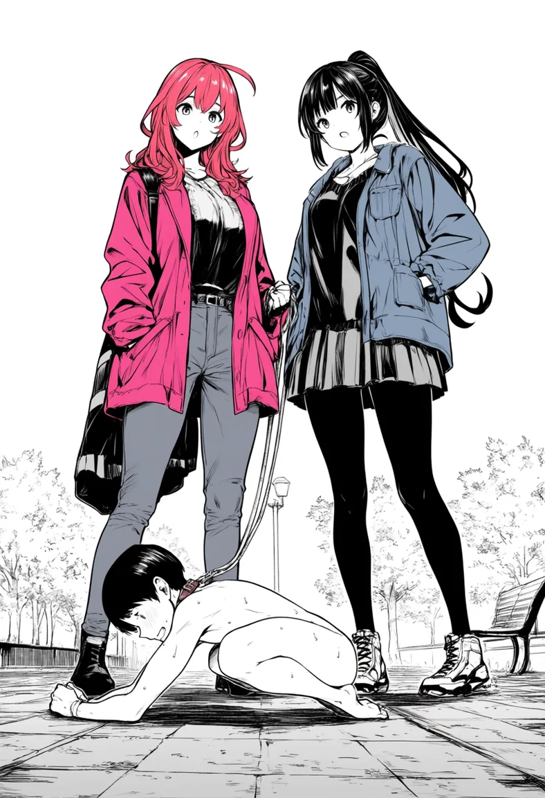 masterpiece, best quality, score_7, newest, anime screenshot, official art, 2girls, masterpiece, best quality, Miku Nakano and Itsuki Nakano, both standing over a naked boy kneeling on a leash, casual clothing, outdoor park setting, dominant expressions, detailed, anime style, hentai, extreme femdom pet play, color image nakano miku nakano itsuki, (flat color:1.3), hard cel shading, thin crisp lineart, high key daylight, vivid primary palette, bright clean background