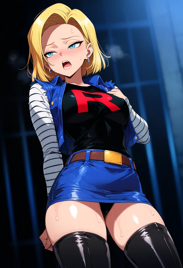 masterpiece, best quality, score_7, newest, highres, absurdres, anime coloring, midday sunlight, team rocket costume, android 18, thigh high boots, denim microskirt, denim vest, smaller breasts, moaning, eyes open, jail cell, wet_clothes, dutch_angle 1, glossy shiny skin, wet highlights, (dim warm lighting:1.2), dramatic rim light, deep shadows, dark bokeh background, sensual mood