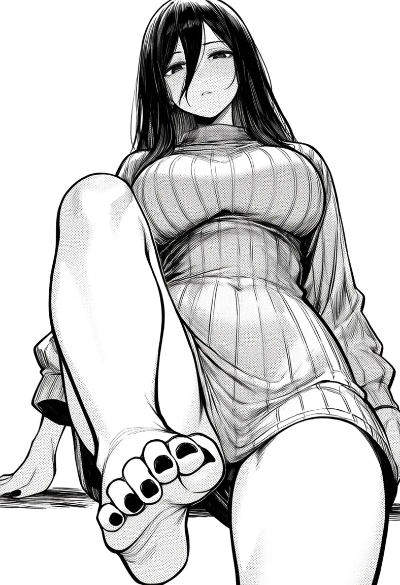 masterpiece, best quality, score_7, newest, manga, monochrome, greyscale, leg_lift , mikasa ackerman  , naked_shirt ,large_breasts, black_nails , barefoot, pussy_juice , foot_focus, (monochrome:1.7), (greyscale:1.7), screentone, halftone dots, ink hatching, bold black spotting, white background