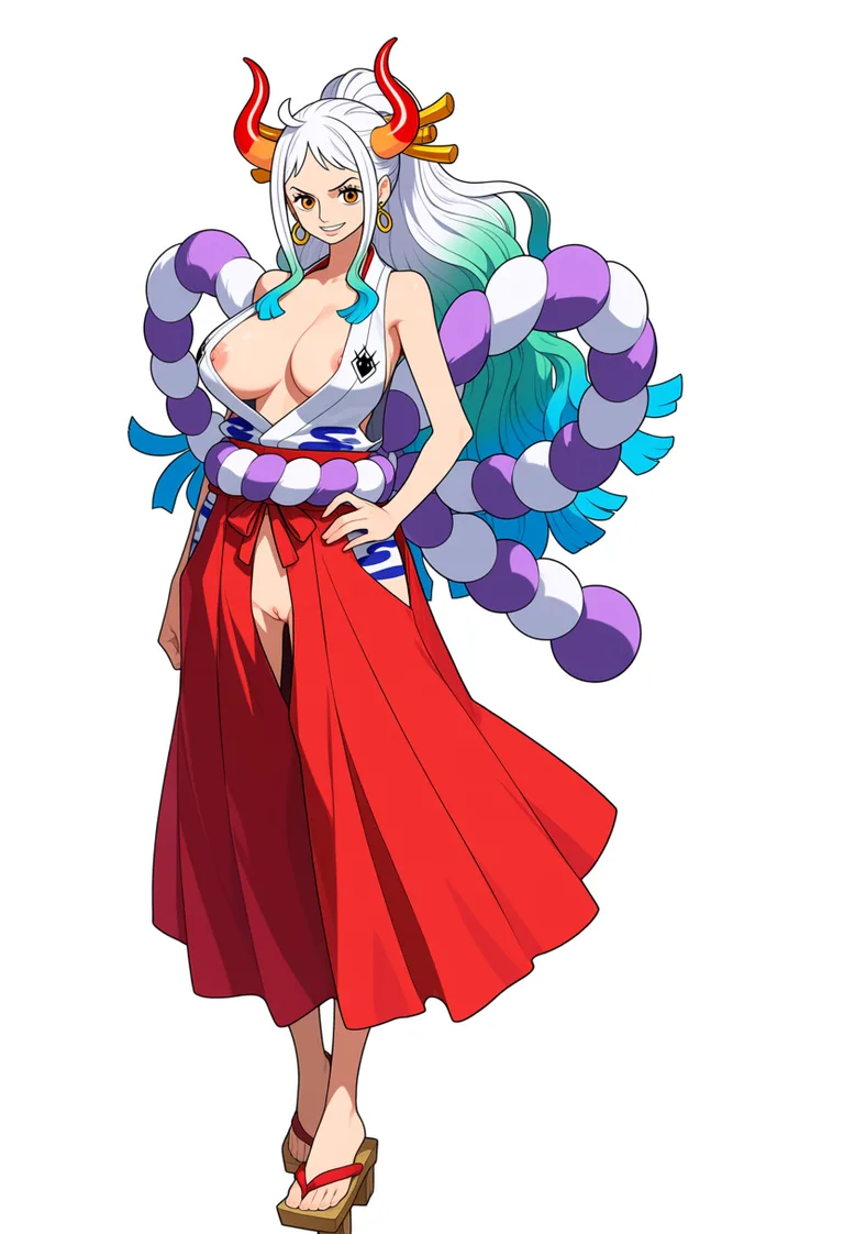 masterpiece, best quality, score_7, newest, anime screenshot, official art, Yamato, (One Piece style:1.6), (full body in frame:1.7), standing, (confident sexy pose:1.6), (black background:1.5), (simple shadows on body:1.5), long white hair with turquoise and light-blue tips, two red curved oni horns, (bright white smile:1.5), one hand on hip, (long legs:1.5), (nude:1.7), (naked breasts and nipples fully visible and exposed:1.5), naked pussy fully visible and exposed, traditional wooden sandals, (big amount of sperm dripping from pussy:1.5), (flat color:1.3), hard cel shading, thin crisp lineart, high key daylight, vivid primary palette, bright clean background