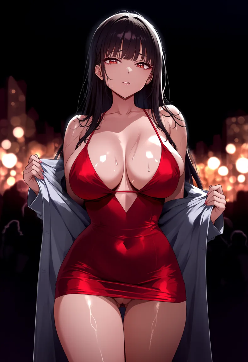 masterpiece, best quality, score_7, newest, highres, absurdres, anime coloring, exhibitionism, public, shame, short dress, no panties@patchouli_knowledge, glossy shiny skin, wet highlights, (dim warm lighting:1.2), dramatic rim light, deep shadows, dark bokeh background, sensual mood