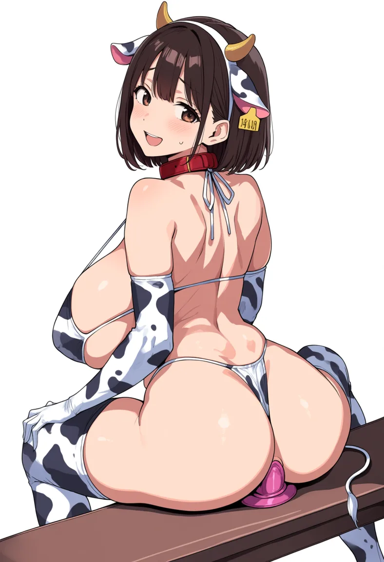 masterpiece, best quality, score_7, newest, anime screenshot, official art, milf with big tits and ass, short hair, brunette, riding a dildo in the shape of a horse dick, cow costume, living room, (flat color:1.3), hard cel shading, thin crisp lineart, high key daylight, vivid primary palette, bright clean background