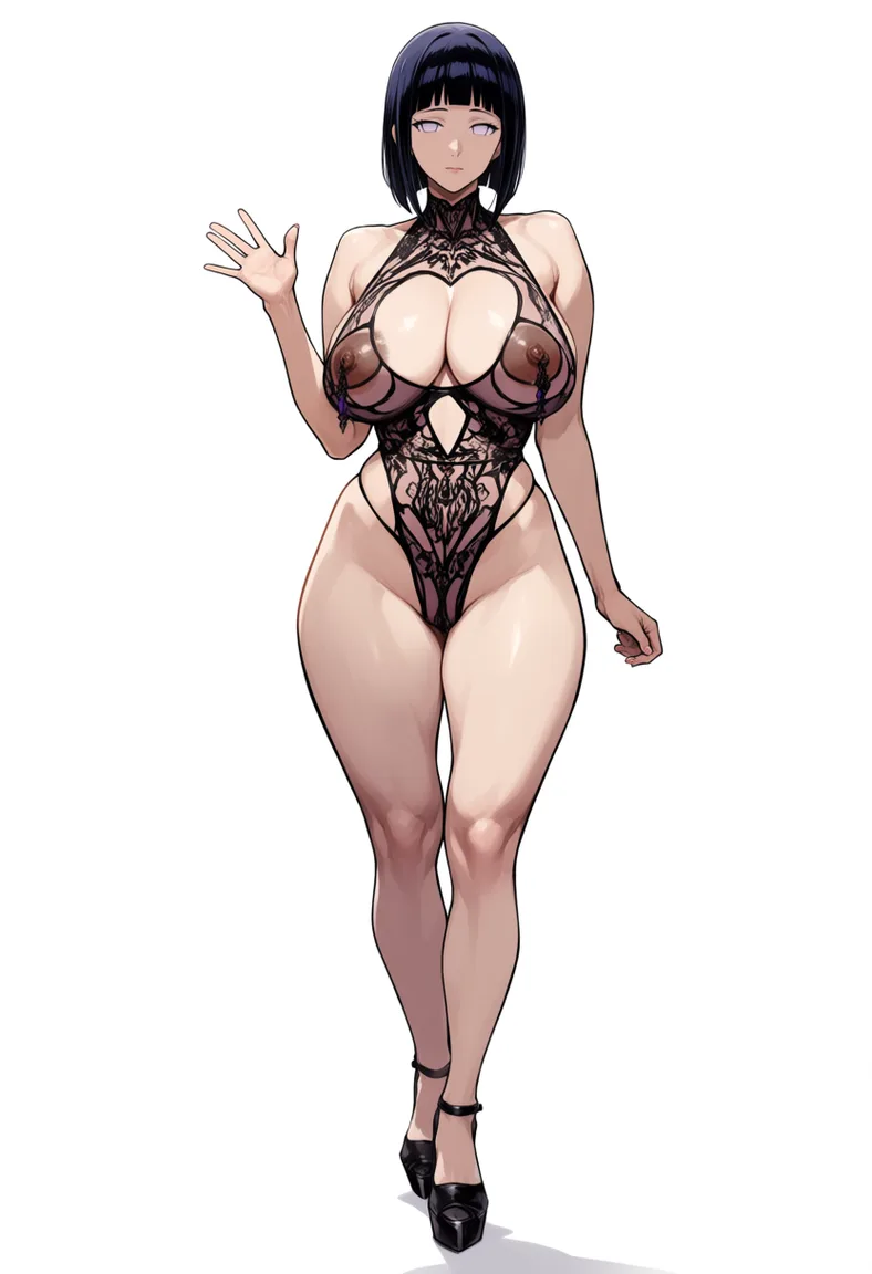 masterpiece, best quality, score_7, newest, anime screenshot, official art, 1girl, hyuuga hinata ,nude, big ass, (huge_breasts),(mature_female),bob haircut,pale skin, art by  Kishimoto Masashi , intricate detail,photorealistic,realistic painting,high quality,(portrait),Exquisite hair details, exquisite eye details, exquisite face details,exquisite dark nipple details,exquisite pubes details,exquisite pale skin details,pubes,dark nipple ,boruto anime style,wallwalking,(sagging_breasts) , Body under the spotlight,(legs_apart) ,front view ,disheveled hair,(exhibitionism) ,(zenra) ,hand on leg,saluting waving hand to say hello ,milf,old street background, (flat color:1.3), hard cel shading, thin crisp lineart, high key daylight, vivid primary palette, bright clean background