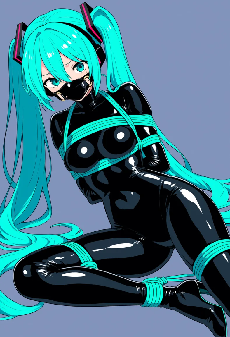 masterpiece, best quality, score_7, newest, anime screenshot, official art, 1girl, hatsune miku Latex skinsuit, gagged, basement, on_side, shibari, bondage, (flat color:1.3), hard cel shading, thin crisp lineart, high key daylight, vivid primary palette, bright clean background