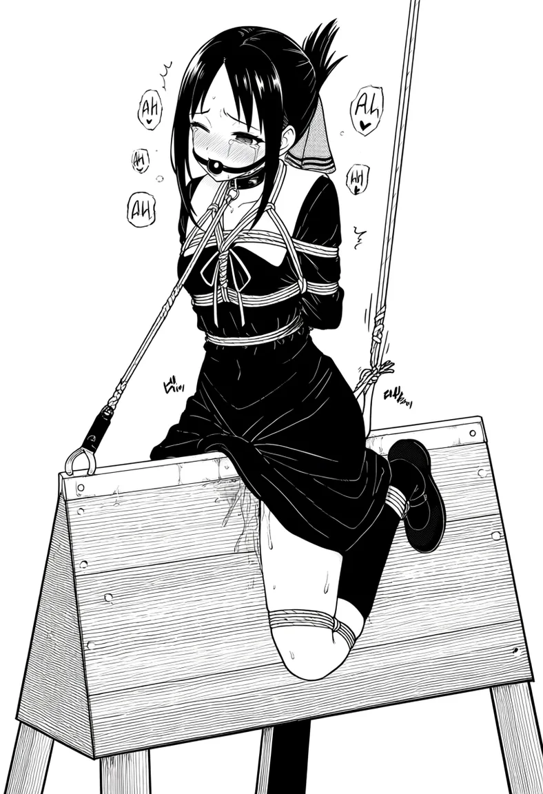masterpiece, best quality, score_7, newest, manga, monochrome, greyscale, 1girl, gagged, abandoned basement, anal hook, wooden horse, shibari, bondage, no_shoes, moaning, sound_effects, tears, shinomiya kaguya, (monochrome:1.7), (greyscale:1.7), screentone, halftone dots, ink hatching, bold black spotting, white background