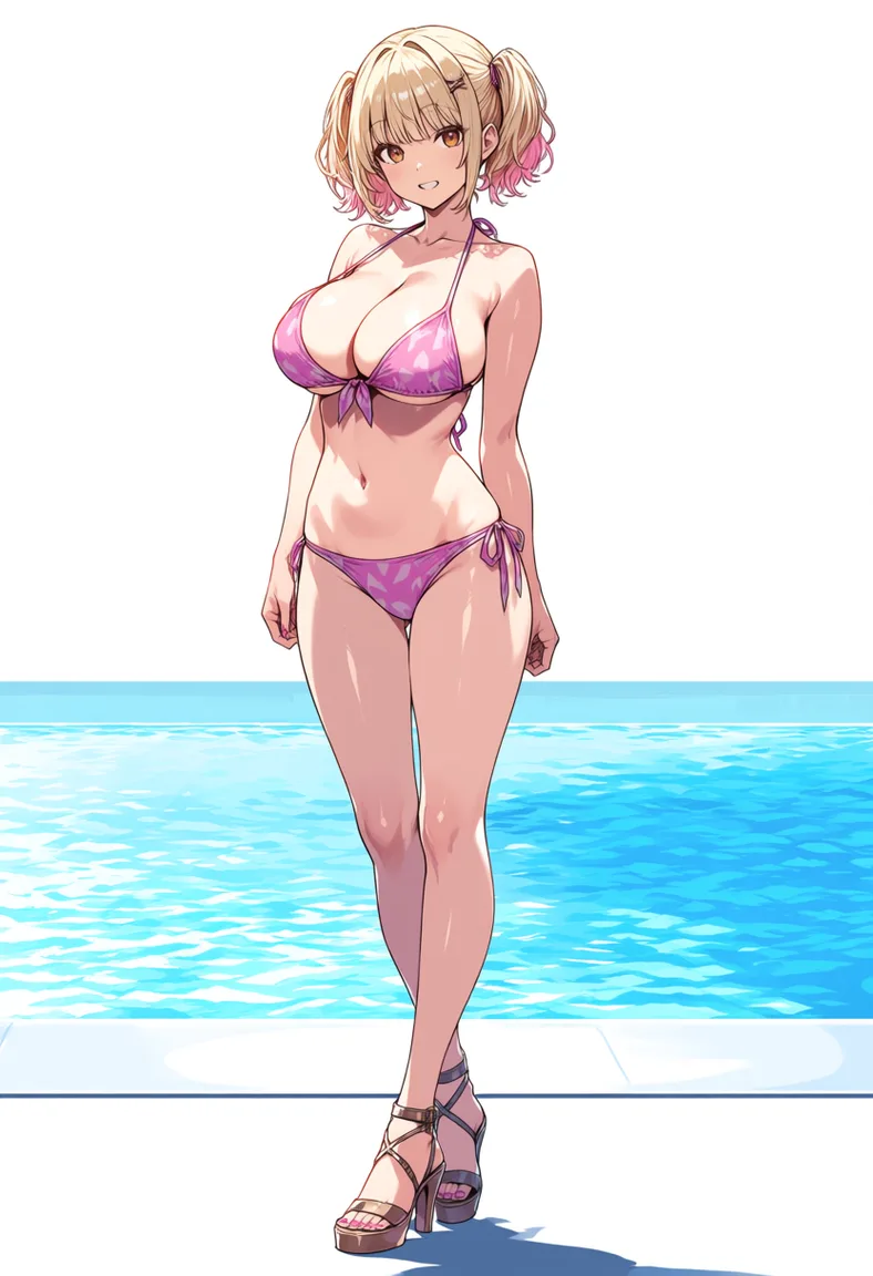 masterpiece, best quality, score_7, newest, anime screenshot, official art, Short and petite gyaru with fair skin and blonde twintail hair and large breasts wearing a bikini and high heel sandals standing next to the pool, (flat color:1.3), hard cel shading, thin crisp lineart, high key daylight, vivid primary palette, bright clean background